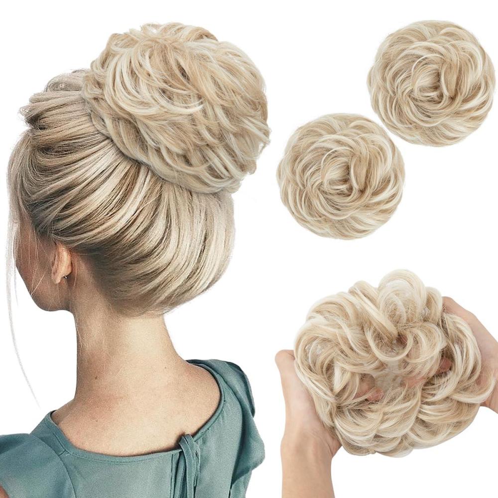 imageSARLA Messy Hair Bun Hair Pieces Curly Synthetic Updo Fake Scrunchies Ponytail Extension for Women Dirty Blonde 1PCS2PCSCream Blonde