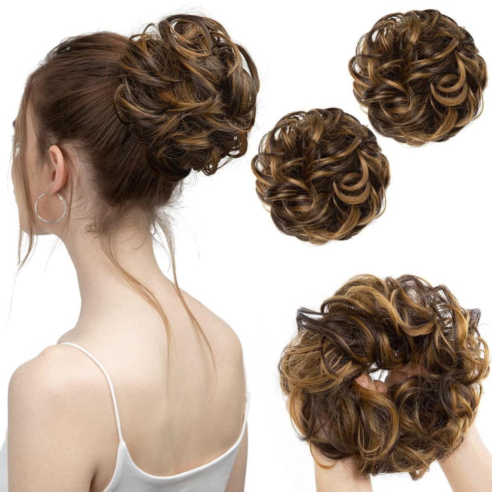 imageSARLA Messy Hair Bun Hair Pieces Curly Synthetic Updo Fake Scrunchies Ponytail Extension for Women Dirty Blonde 1PCS2PCSDark Brown Golden Blonde