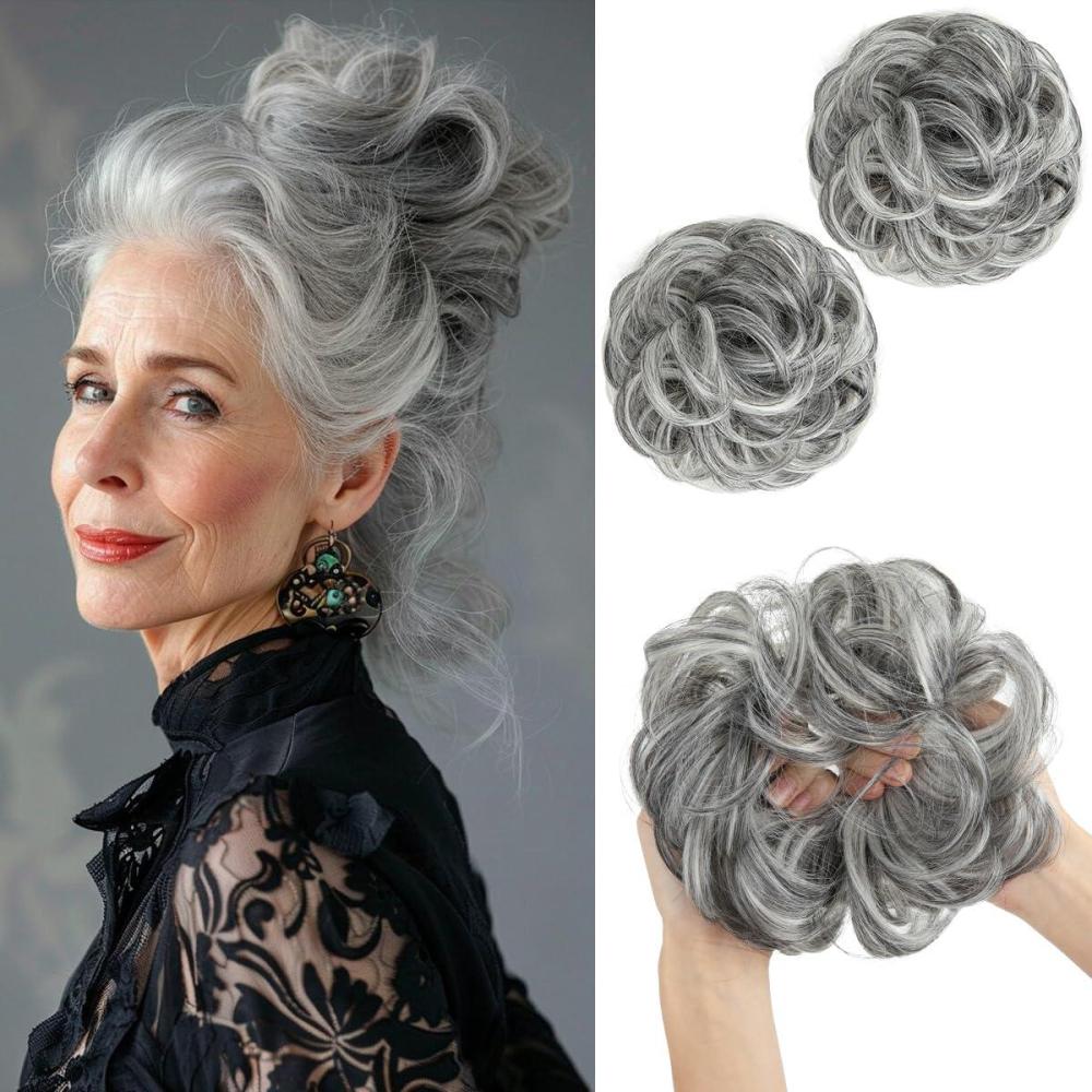 imageSARLA Messy Hair Bun Hair Pieces Curly Synthetic Updo Fake Scrunchies Ponytail Extension for Women Dirty Blonde 1PCS2PCSDark Grey