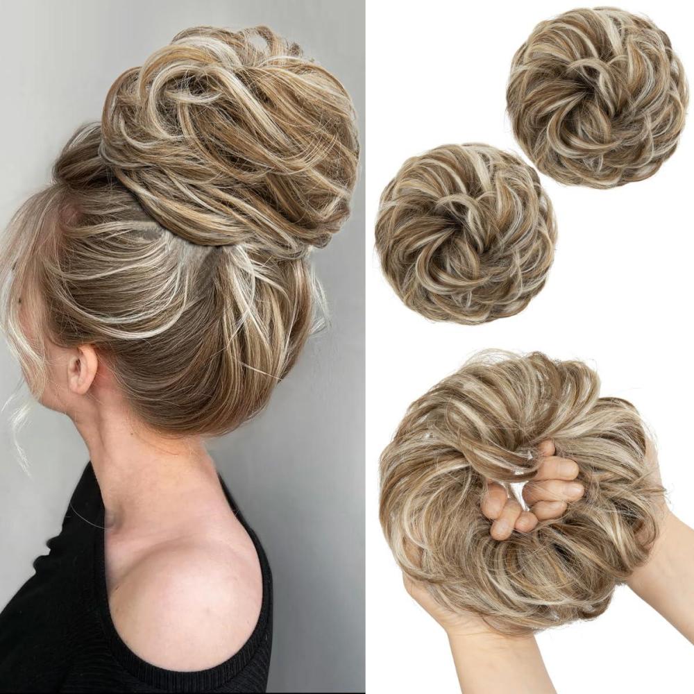 imageSARLA Messy Hair Bun Hair Pieces Curly Synthetic Updo Fake Scrunchies Ponytail Extension for Women Dirty Blonde 1PCS2PCSGolden Blonde