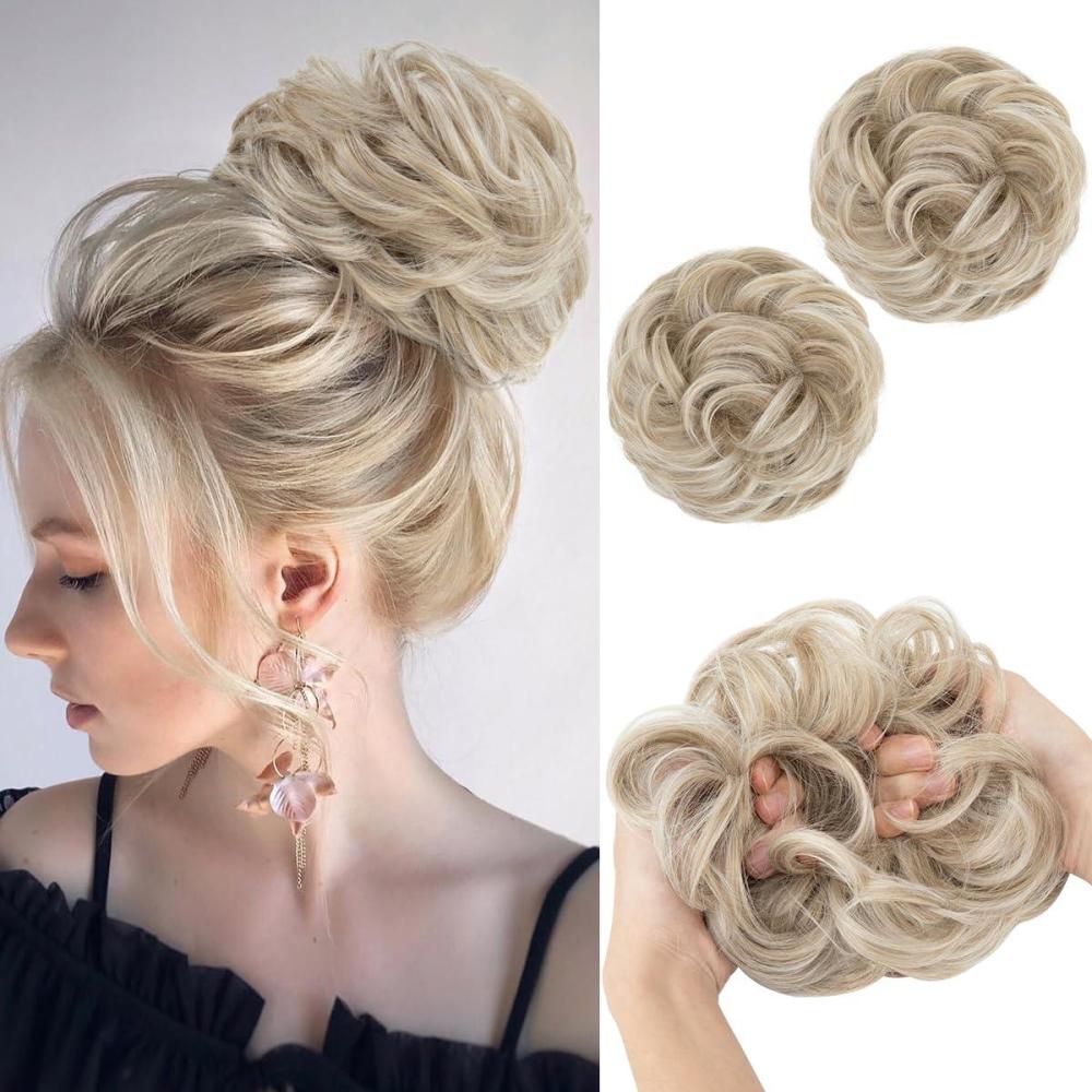 imageSARLA Messy Hair Bun Hair Pieces Curly Synthetic Updo Fake Scrunchies Ponytail Extension for Women Dirty Blonde 1PCS2PCSIvory Grey
