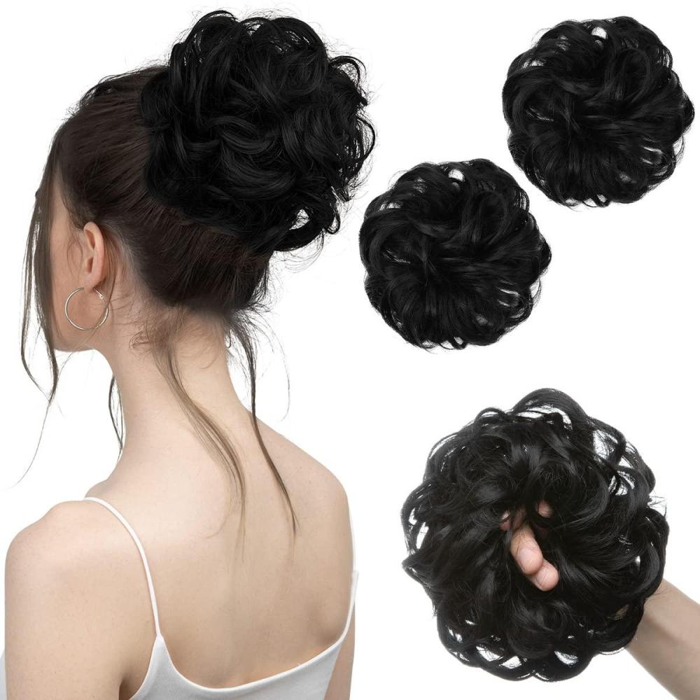 imageSARLA Messy Hair Bun Hair Pieces Curly Synthetic Updo Fake Scrunchies Ponytail Extension for Women Dirty Blonde 1PCS2PCSJet Black
