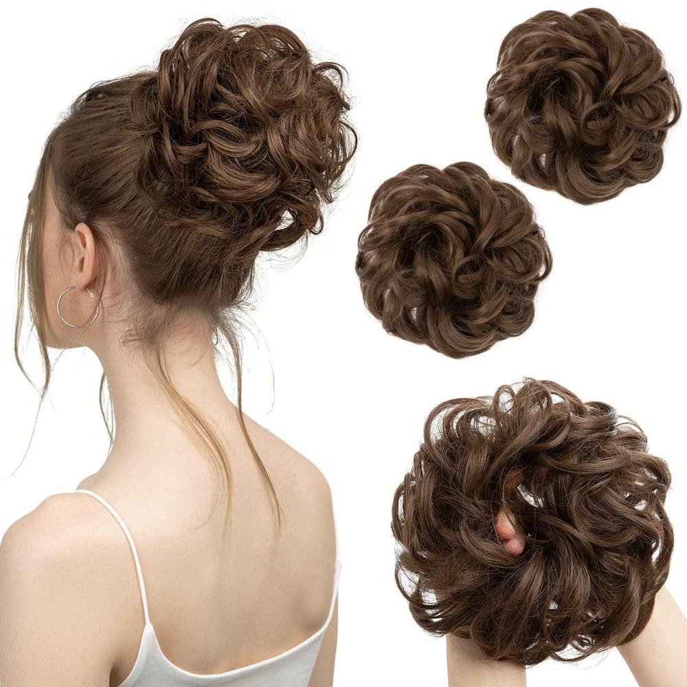 imageSARLA Messy Hair Bun Hair Pieces Curly Synthetic Updo Fake Scrunchies Ponytail Extension for Women Dirty Blonde 1PCS2PCSMedium Brown