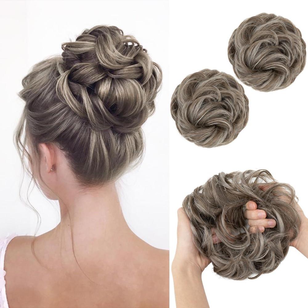 imageSARLA Messy Hair Bun Hair Pieces Curly Synthetic Updo Fake Scrunchies Ponytail Extension for Women Dirty Blonde 1PCS2PCSMiddle Grey