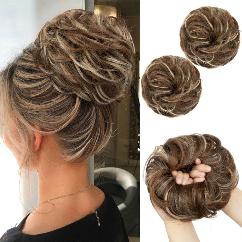 imageSARLA Messy Hair Bun Hair Pieces Curly Synthetic Updo Fake Scrunchies Ponytail Extension for Women Dirty Blonde 1PCS2PCSNut Multi