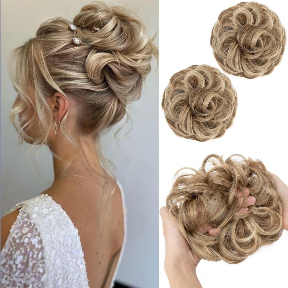 imageSARLA Messy Hair Bun Hair Pieces Curly Synthetic Updo Fake Scrunchies Ponytail Extension for Women Dirty Blonde 1PCS2PCSSand