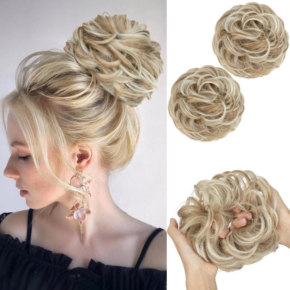 imageSARLA Messy Hair Bun Hair Pieces Curly Synthetic Updo Fake Scrunchies Ponytail Extension for Women Dirty Blonde 1PCS2PCSSunny Blonde