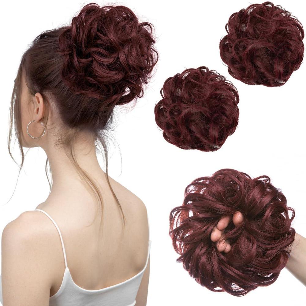 imageSARLA Messy Hair Bun Hair Pieces Curly Synthetic Updo Fake Scrunchies Ponytail Extension for Women Dirty Blonde 1PCS2PCSWine Red