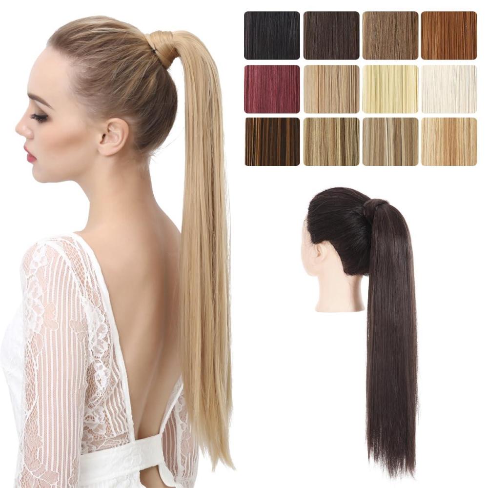 imageSARLA Ponytail Hair Extension Wrap Around Long Straight 24 Inch Synthetic Hairpiece for Women Black BrownBlack Brown