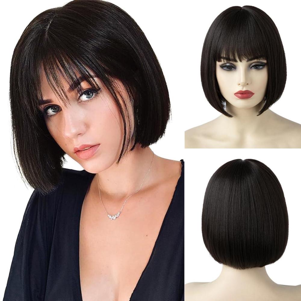imageSARLA Short Bob Wigs with Bangs 8 Inch Fashion Synthetic Cosplay Daily Party Wig for Women Brown Black