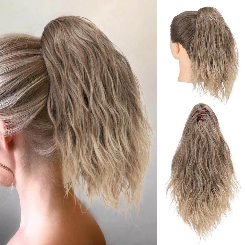imageSARLA Short Ponytail Extension Claw Clip in 13 Inch Fluffy Synthetic Curly Wavy Pony Tail Hairpiece for Women Dirty BlondeBrown to Ash Blonde