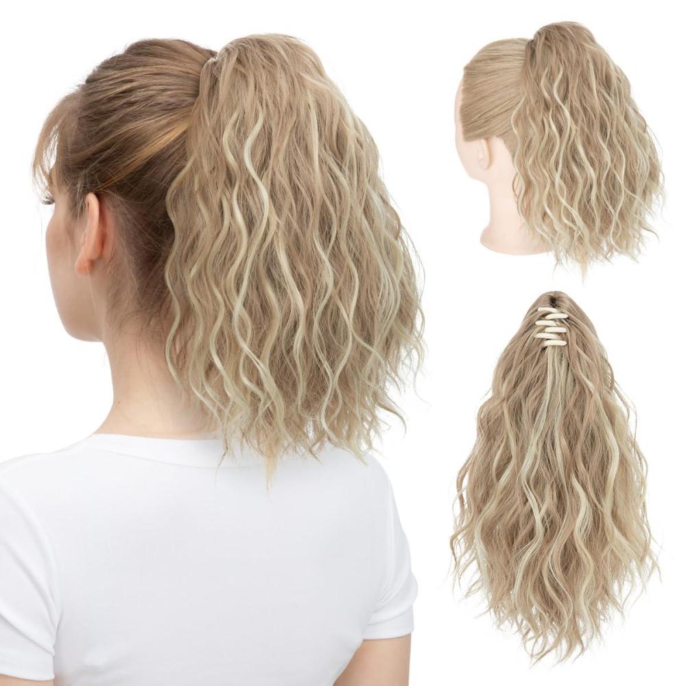 imageSARLA Short Ponytail Extension Claw Clip in 13 Inch Fluffy Synthetic Curly Wavy Pony Tail Hairpiece for Women Dirty BlondeDirty Blonde