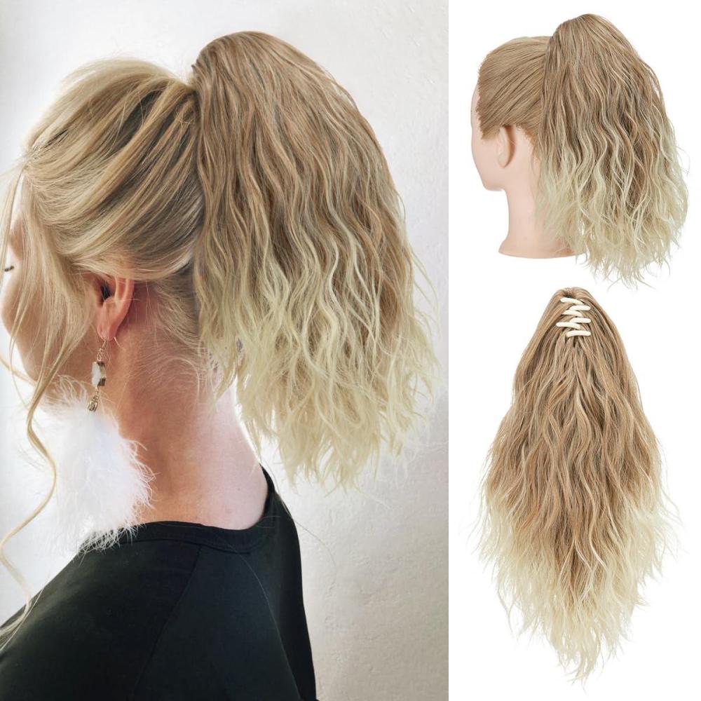 imageSARLA Short Ponytail Extension Claw Clip in 13 Inch Fluffy Synthetic Curly Wavy Pony Tail Hairpiece for Women Dirty BlondeGloden Blonde and Beach Blonde Tips
