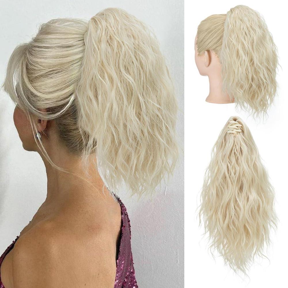 imageSARLA Short Ponytail Extension Claw Clip in 13 Inch Fluffy Synthetic Curly Wavy Pony Tail Hairpiece for Women Dirty BlondeLight Blonde