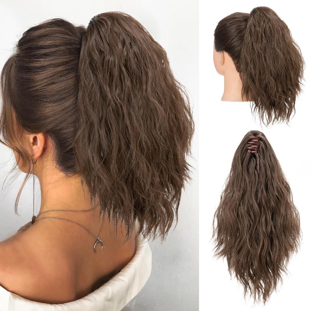 imageSARLA Short Ponytail Extension Claw Clip in 13 Inch Fluffy Synthetic Curly Wavy Pony Tail Hairpiece for Women Dirty BlondeMedium Brown