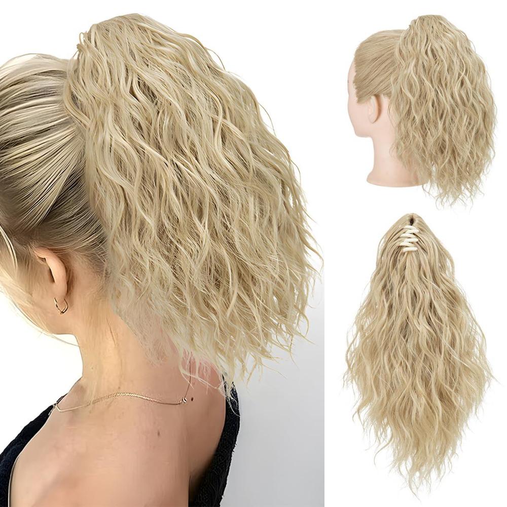 imageSARLA Short Ponytail Extension Claw Clip in 13 Inch Fluffy Synthetic Curly Wavy Pony Tail Hairpiece for Women Dirty BlondePale Ash Blonde
