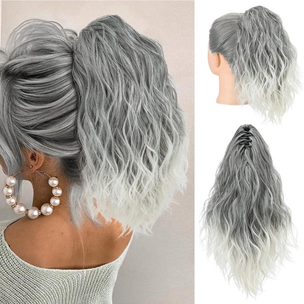 imageSARLA Short Ponytail Extension Claw Clip in 13 Inch Fluffy Synthetic Curly Wavy Pony Tail Hairpiece for Women Dirty BlondeSalt and Pepper