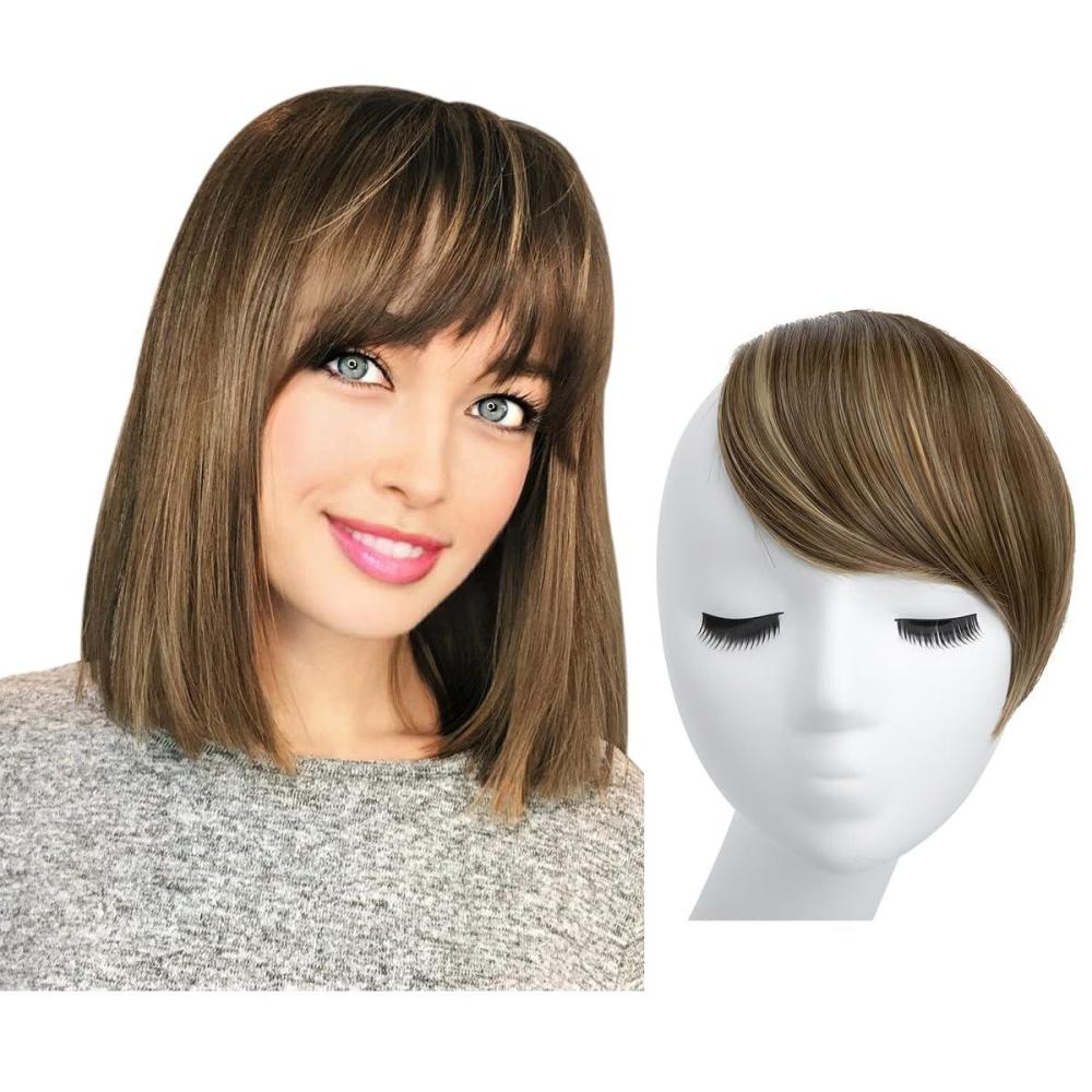 imageSARLA Side Hair Bangs Clip in Off Black One Piece Straight Synthetic Bangs Extension for WomenBrunette Ash Blonde