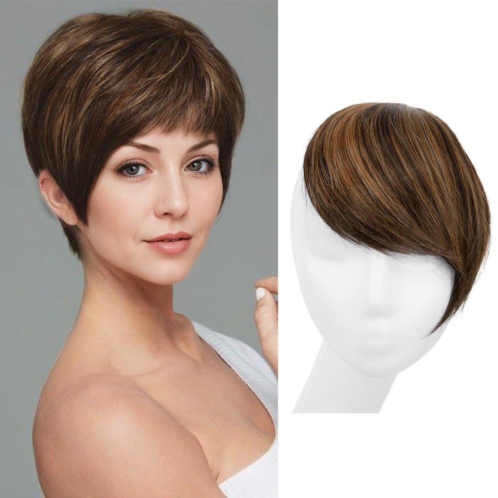 imageSARLA Side Hair Bangs Clip in Off Black One Piece Straight Synthetic Bangs Extension for WomenChestnut