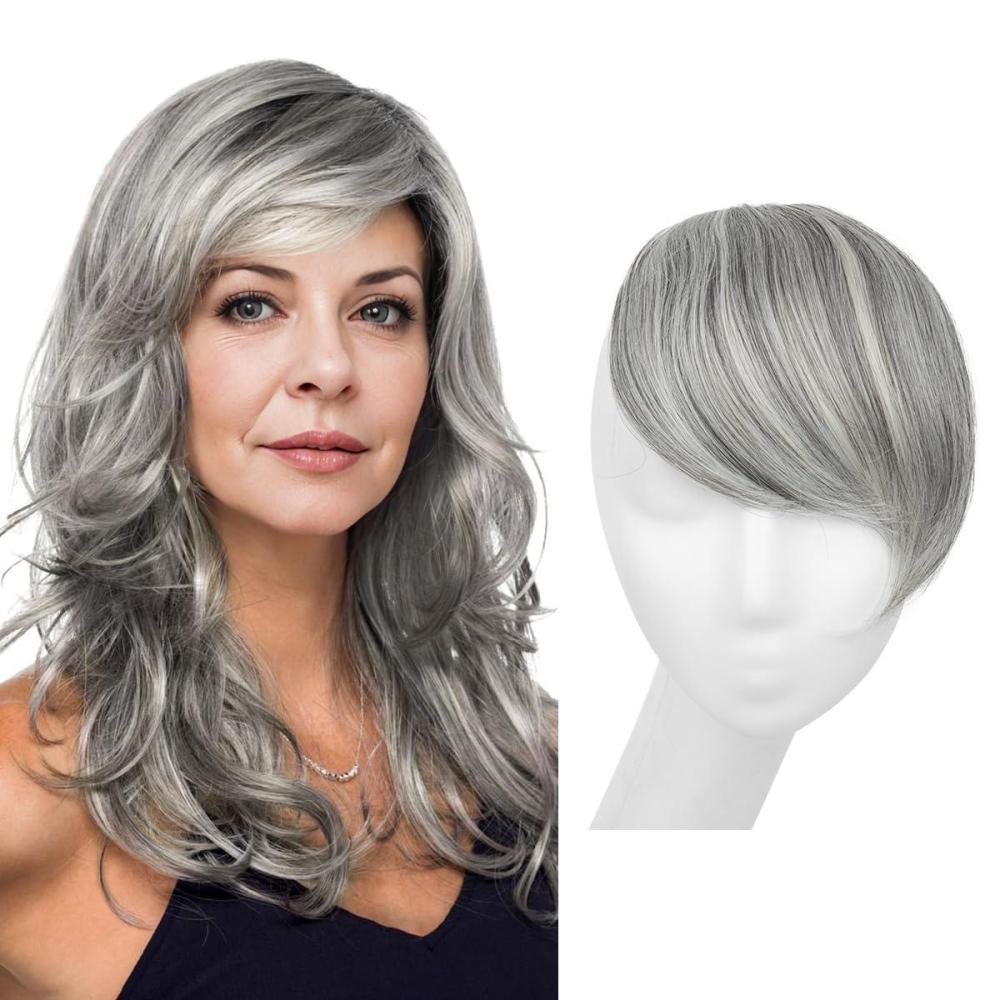 imageSARLA Side Hair Bangs Clip in Off Black One Piece Straight Synthetic Bangs Extension for WomenGrey Multi