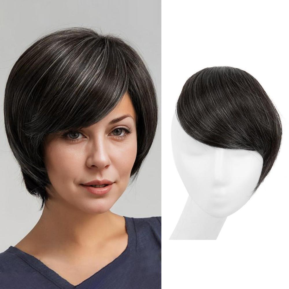 imageSARLA Side Hair Bangs Clip in Off Black One Piece Straight Synthetic Bangs Extension for WomenPepper Grey