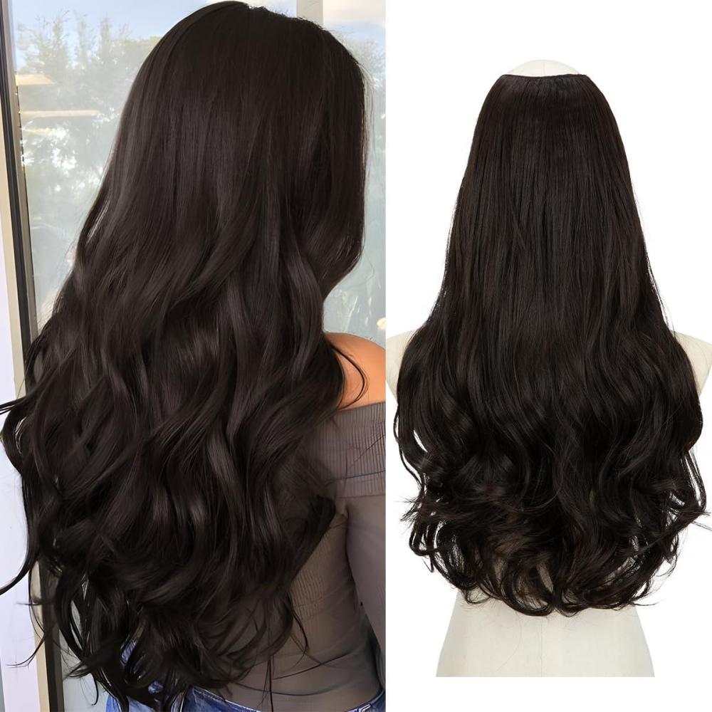 imageSARLA U Part Hair Extensions Dirty Blonde Full Head Clip in Synthetic Wave Curly Hairpiece Long 24 Inch for WomenBlack Brown