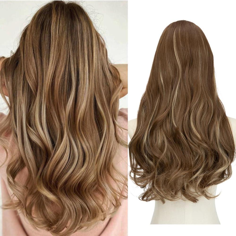 imageSARLA U Part Hair Extensions Dirty Blonde Full Head Clip in Synthetic Wave Curly Hairpiece Long 24 Inch for WomenBrunette Ash Blonde