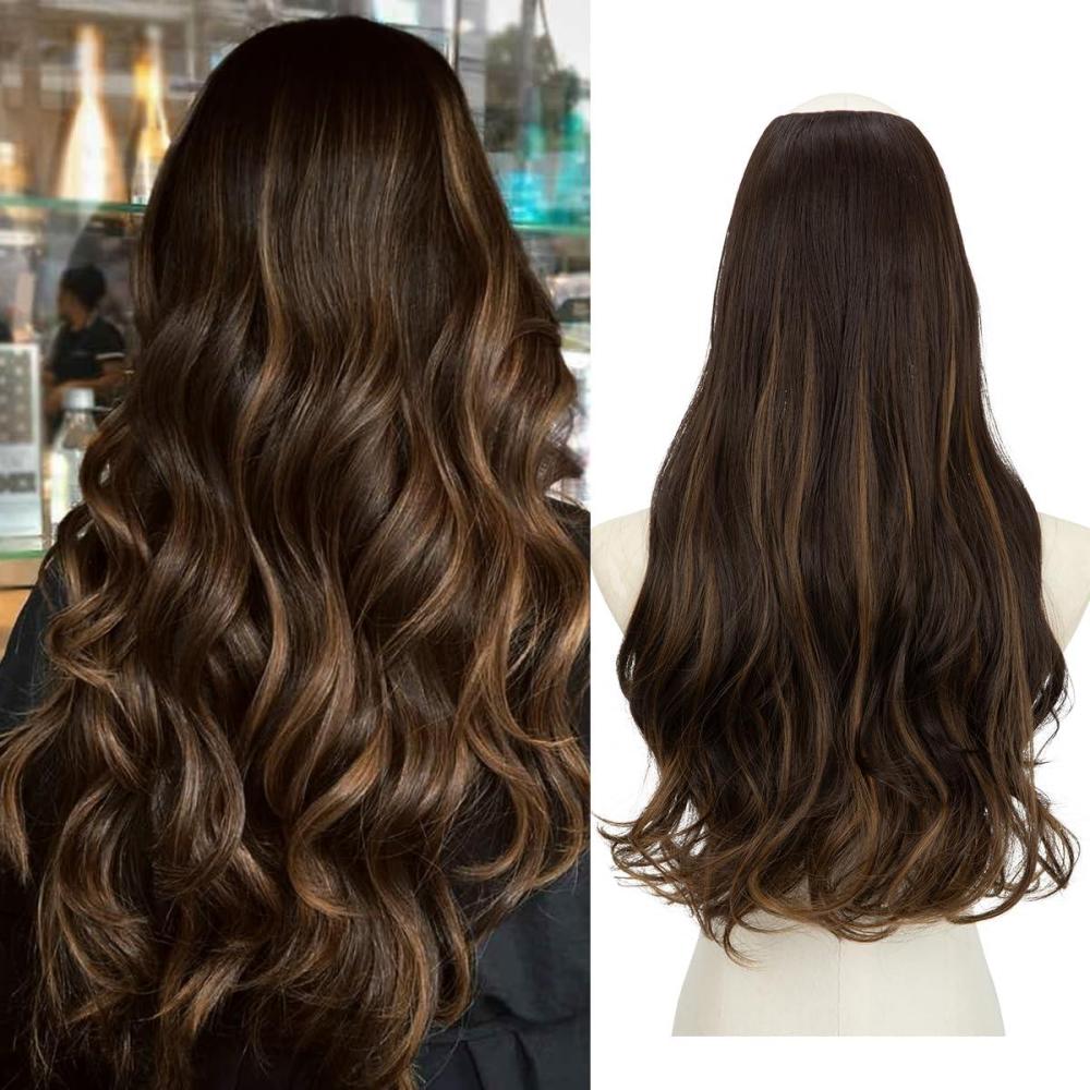 imageSARLA U Part Hair Extensions Dirty Blonde Full Head Clip in Synthetic Wave Curly Hairpiece Long 24 Inch for WomenDark Brown Golden Blonde