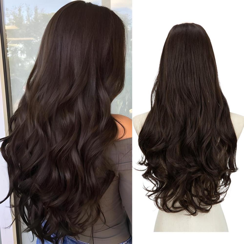 imageSARLA U Part Hair Extensions Dirty Blonde Full Head Clip in Synthetic Wave Curly Hairpiece Long 24 Inch for WomenDark Brown