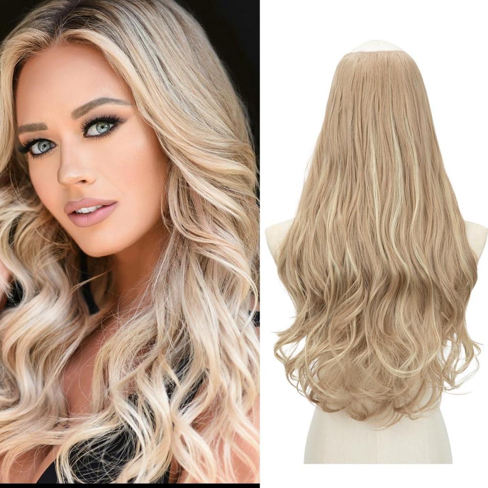 imageSARLA U Part Hair Extensions Dirty Blonde Full Head Clip in Synthetic Wave Curly Hairpiece Long 24 Inch for WomenDirty Blonde