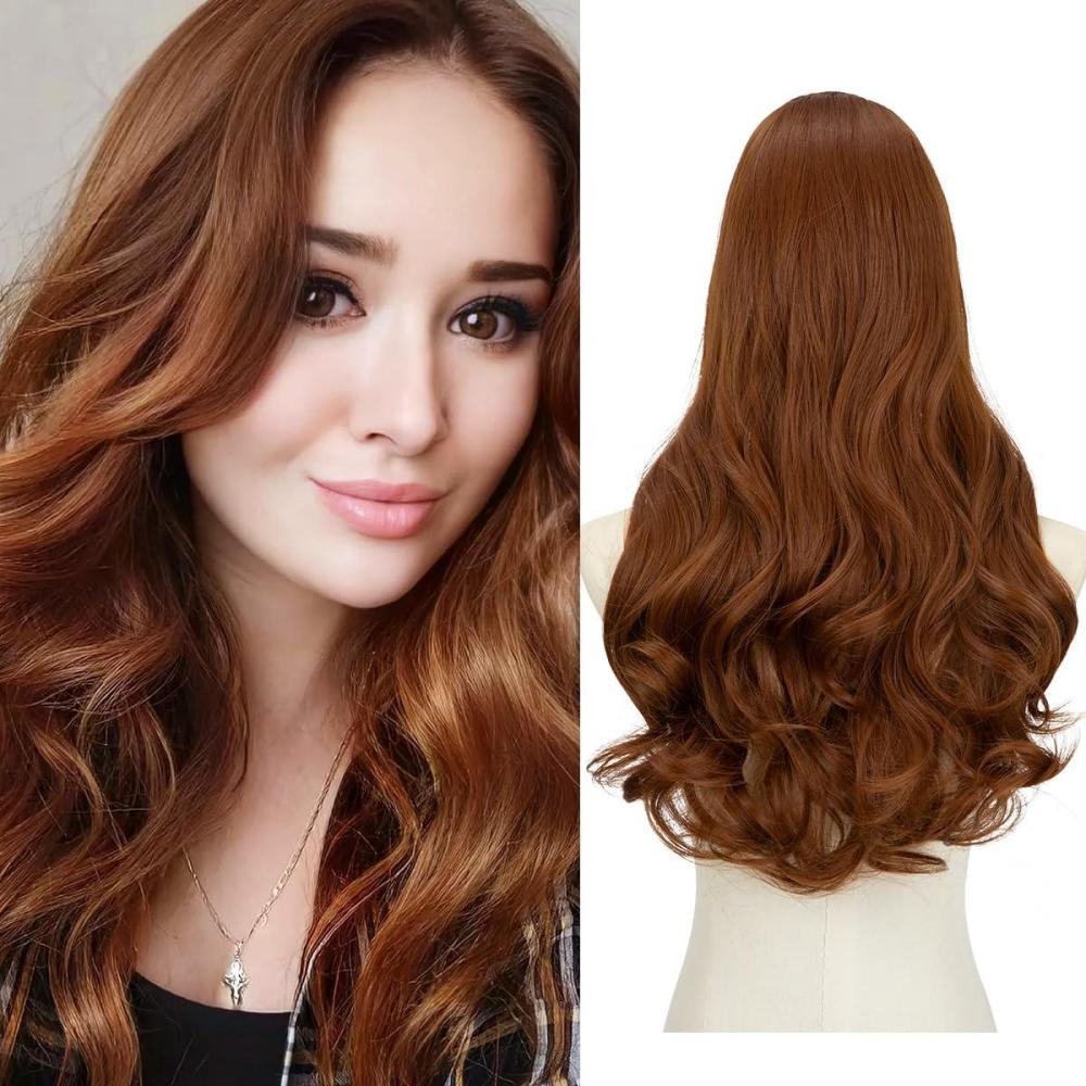 imageSARLA U Part Hair Extensions Dirty Blonde Full Head Clip in Synthetic Wave Curly Hairpiece Long 24 Inch for WomenLight Auburn