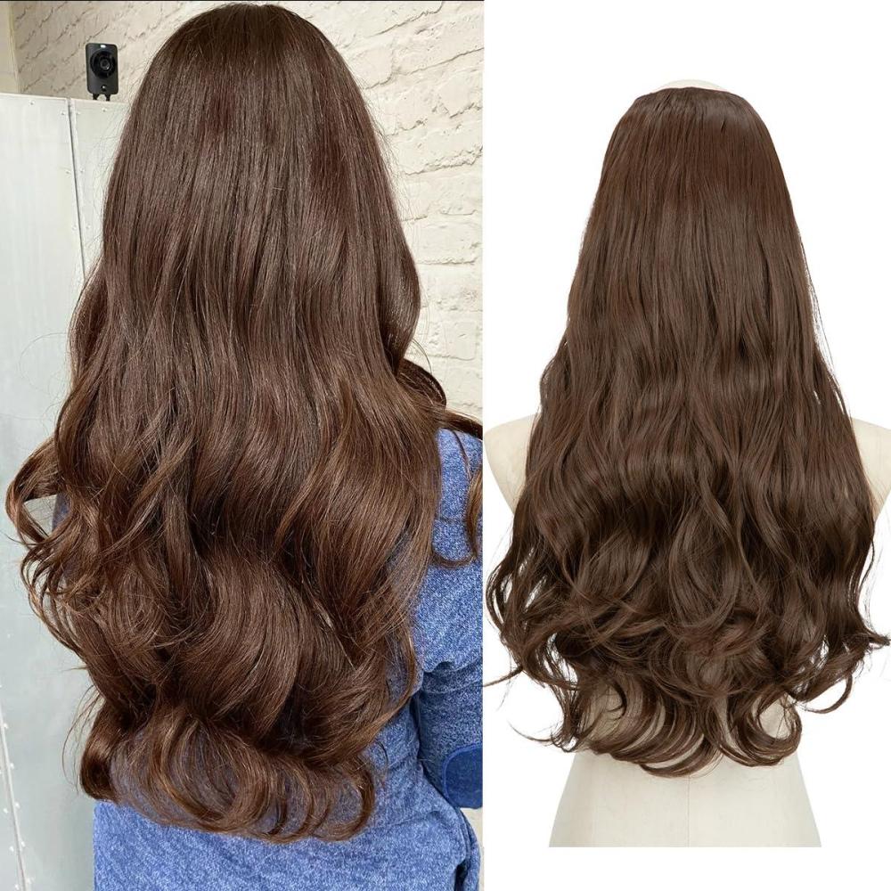 imageSARLA U Part Hair Extensions Dirty Blonde Full Head Clip in Synthetic Wave Curly Hairpiece Long 24 Inch for WomenMedium Brown