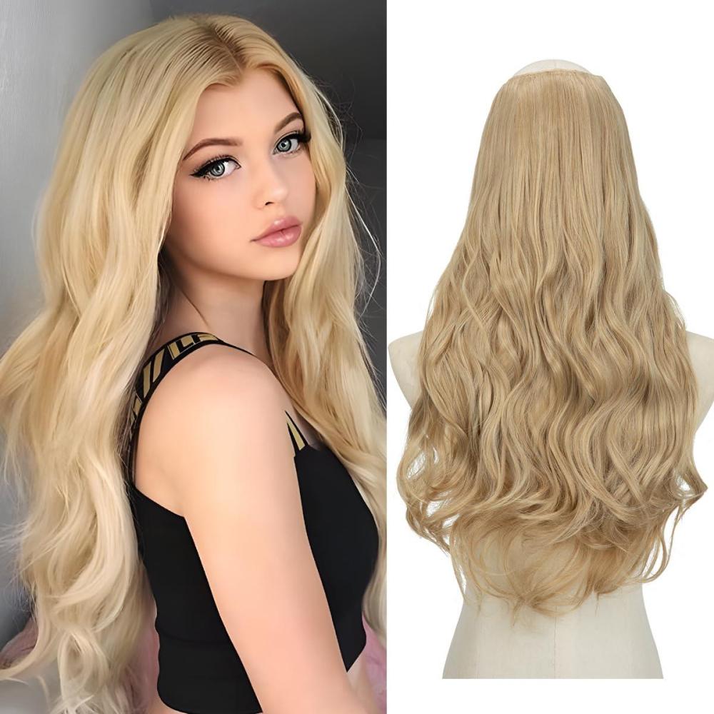imageSARLA U Part Hair Extensions Dirty Blonde Full Head Clip in Synthetic Wave Curly Hairpiece Long 24 Inch for WomenNatural Blonde