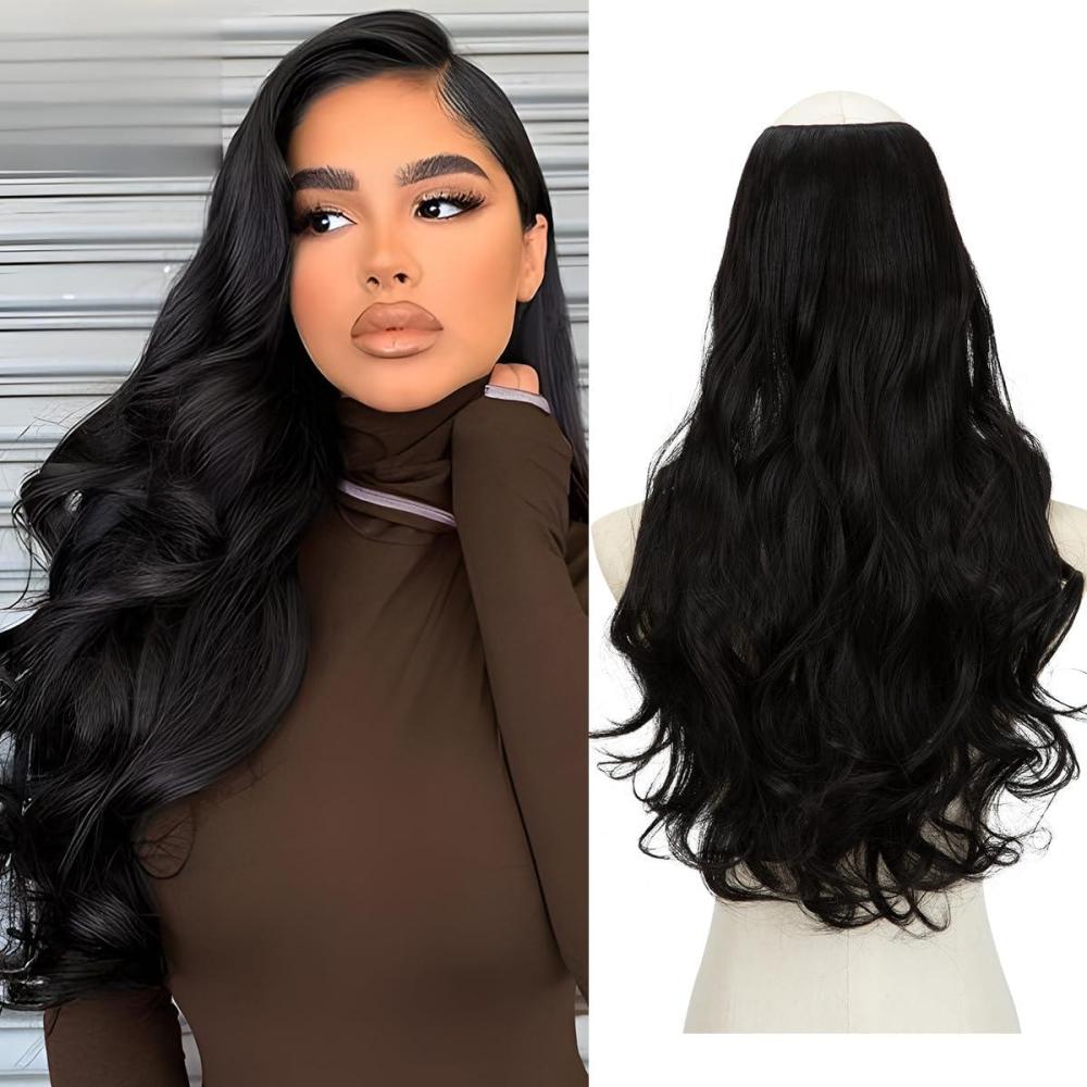 imageSARLA U Part Hair Extensions Dirty Blonde Full Head Clip in Synthetic Wave Curly Hairpiece Long 24 Inch for WomenOff Black