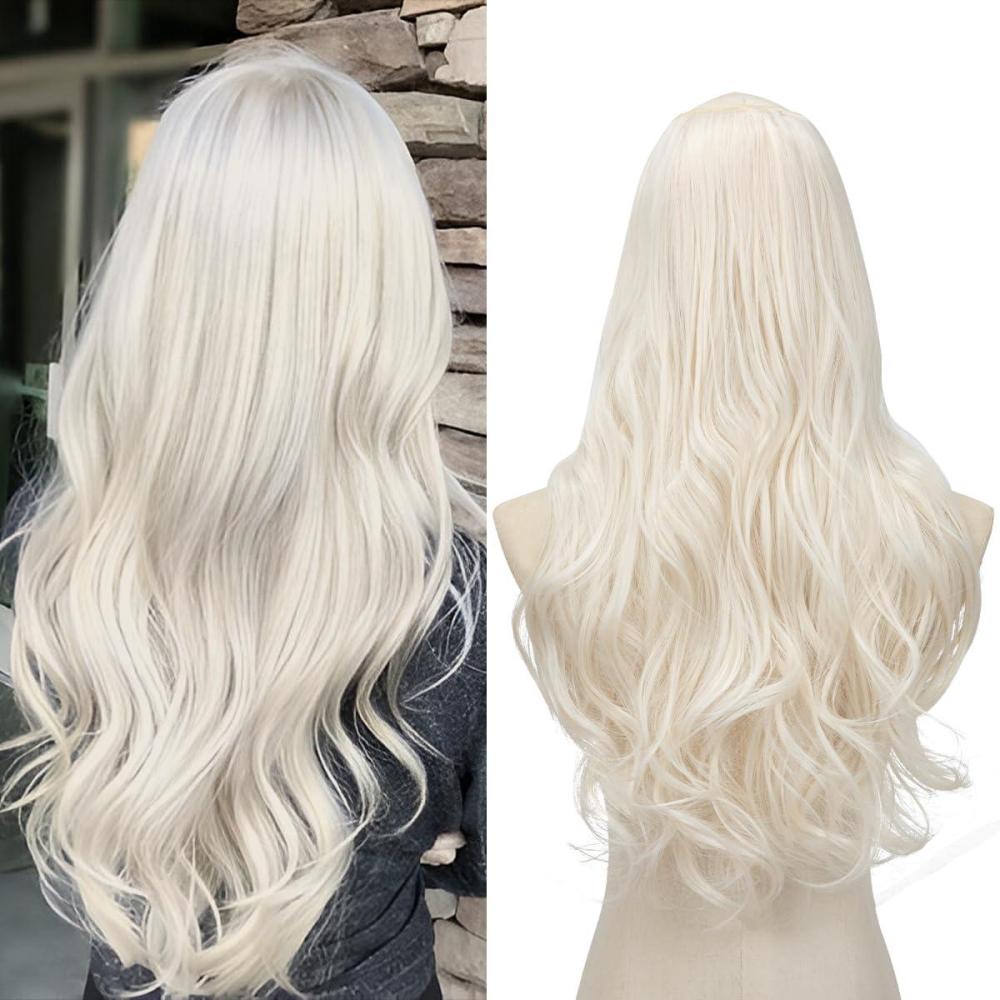 imageSARLA U Part Hair Extensions Dirty Blonde Full Head Clip in Synthetic Wave Curly Hairpiece Long 24 Inch for WomenPlatinum Blonde