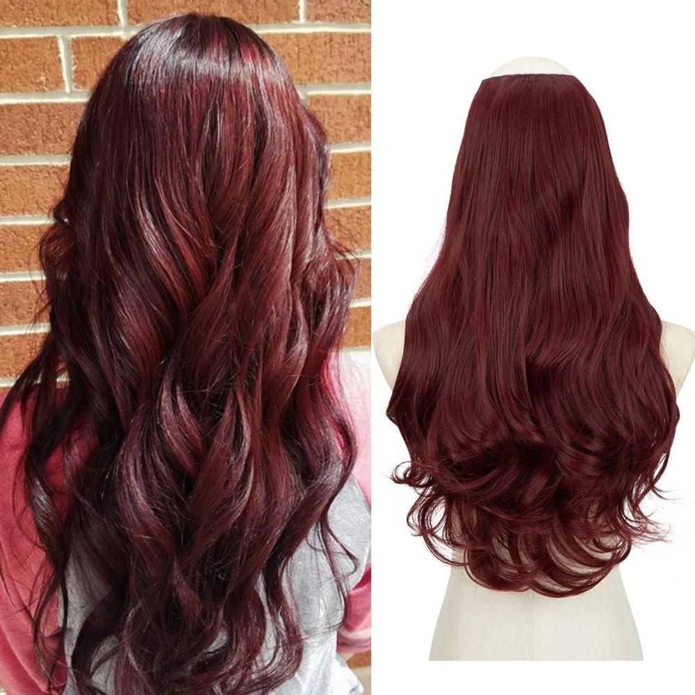 imageSARLA U Part Hair Extensions Dirty Blonde Full Head Clip in Synthetic Wave Curly Hairpiece Long 24 Inch for WomenWine Red