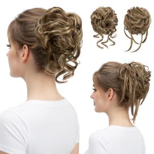 SARLA 2PCS Blonde Messy Bun Hair Pieces for Women Detachable Claw Clip Wavy Curly Synthetic Hairpieces for Updos with Tendrils Fake Scrunchies Ponytail Extension Dirty Blonde(2PCS-Brunette / Ash Blonde-No Clip)