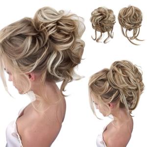 SARLA 2PCS Blonde Messy Bun Hair Pieces for Women Detachable Claw Clip Wavy Curly Synthetic Hairpieces for Updos with Tendrils Fake Scrunchies Ponytail Extension Dirty Blonde(2PCS-Beige Multi-No Clip)