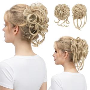 SARLA 2PCS Blonde Messy Bun Hair Pieces for Women Detachable Claw Clip Wavy Curly Synthetic Hairpieces for Updos with Tendrils Fake Scrunchies Ponytail Extension Dirty Blonde(2PCS-Dirty Blonde-No Clip)