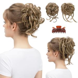 SARLA 2PCS Blonde Messy Bun Hair Pieces for Women Detachable Claw Clip Wavy Curly Synthetic Hairpieces for Updos with Tendrils Fake Scrunchies Ponytail Extension Dirty Blonde(2PCS-Bernstein)