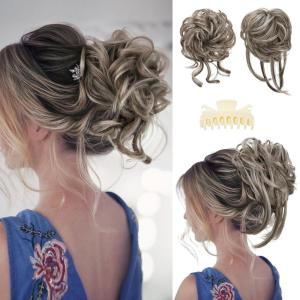 SARLA 2PCS Blonde Messy Bun Hair Pieces for Women Detachable Claw Clip Wavy Curly Synthetic Hairpieces for Updos with Tendrils Fake Scrunchies Ponytail Extension Dirty Blonde(2PCS-Ash Grey)