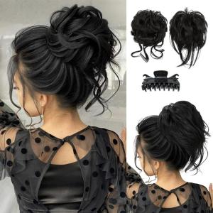 SARLA 2PCS Blonde Messy Bun Hair Pieces for Women Detachable Claw Clip Wavy Curly Synthetic Hairpieces for Updos with Tendrils Fake Scrunchies Ponytail Extension Dirty Blonde(2PCS-Black)