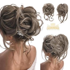SARLA 2PCS Blonde Messy Bun Hair Pieces for Women Detachable Claw Clip Wavy Curly Synthetic Hairpieces for Updos with Tendrils Fake Scrunchies Ponytail Extension Dirty Blonde(2PCS-Middle Grey)