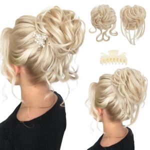 SARLA 2PCS Blonde Messy Bun Hair Pieces for Women Detachable Claw Clip Wavy Curly Synthetic Hairpieces for Updos with Tendrils Fake Scrunchies Ponytail Extension Dirty Blonde(2PCS-Light Champagne)