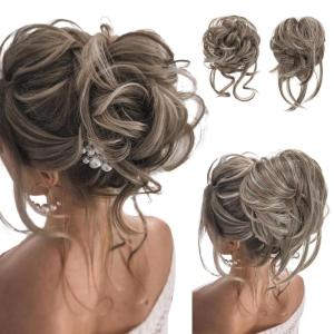 SARLA 2PCS Blonde Messy Bun Hair Pieces for Women Detachable Claw Clip Wavy Curly Synthetic Hairpieces for Updos with Tendrils Fake Scrunchies Ponytail Extension Dirty Blonde(2PCS-Middle Grey-No Clip)