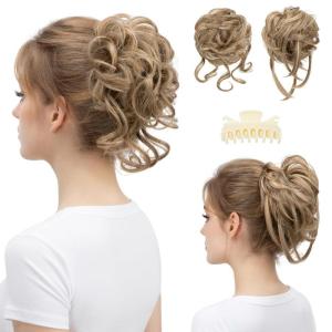 SARLA 2PCS Blonde Messy Bun Hair Pieces for Women Detachable Claw Clip Wavy Curly Synthetic Hairpieces for Updos with Tendrils Fake Scrunchies Ponytail Extension Dirty Blonde(2PCS-Sand)