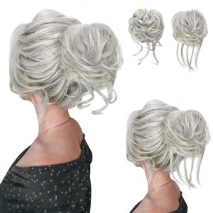 SARLA 2PCS Blonde Messy Bun Hair Pieces for Women Detachable Claw Clip Wavy Curly Synthetic Hairpieces for Updos with Tendrils Fake Scrunchies Ponytail Extension Dirty Blonde(2PCS-Grey Multi-No Clip)