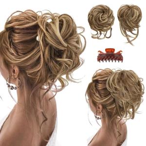 SARLA 2PCS Blonde Messy Bun Hair Pieces for Women Detachable Claw Clip Wavy Curly Synthetic Hairpieces for Updos with Tendrils Fake Scrunchies Ponytail Extension Dirty Blonde(2PCS-Bernstein Multi)