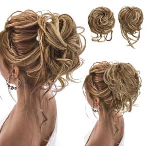 SARLA 2PCS Blonde Messy Bun Hair Pieces for Women Detachable Claw Clip Wavy Curly Synthetic Hairpieces for Updos with Tendrils Fake Scrunchies Ponytail Extension Dirty Blonde(2PCS-Bernstein Multi-No Clip)