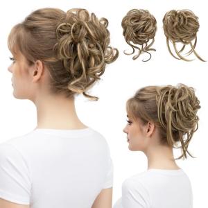 SARLA 2PCS Blonde Messy Bun Hair Pieces for Women Detachable Claw Clip Wavy Curly Synthetic Hairpieces for Updos with Tendrils Fake Scrunchies Ponytail Extension Dirty Blonde(2PCS-Bernstein-No Clip)